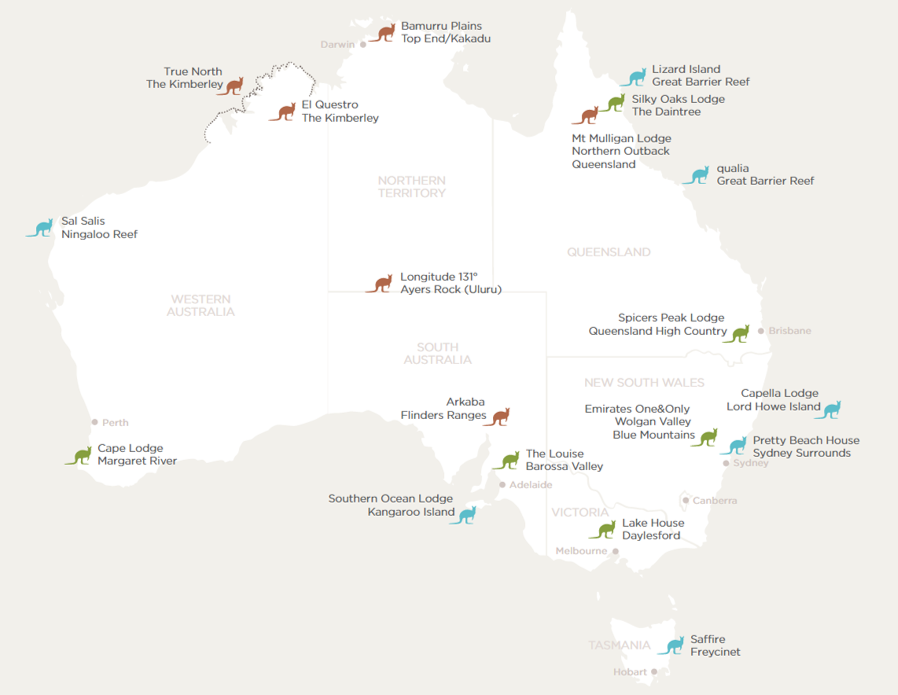 map of Australia with the location of each Luxury Lodge