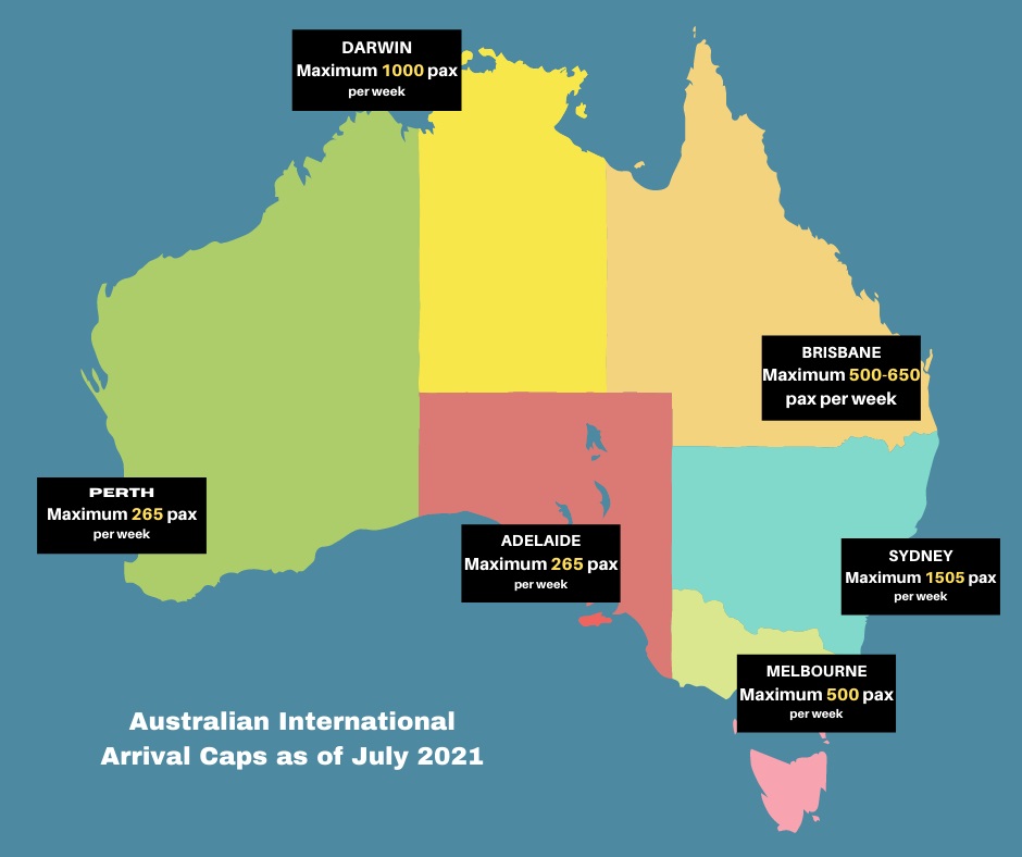 Map of Australia showing the weekly limits on maximum inbound passenger numbers